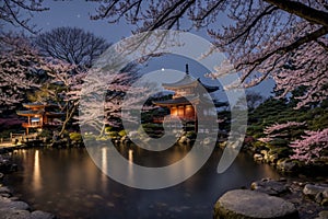 Japanese-style temple temple with cherry blossom trees and moonlit pond