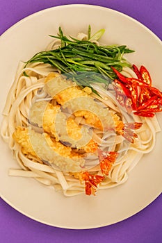 Japanese Style Tempura Prawns With Udon Noodles Chilli and Spring Onions