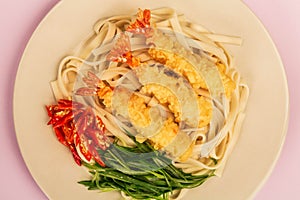 Japanese Style Tempura Prawns With Udon Noodles Chilli and Spring Onions