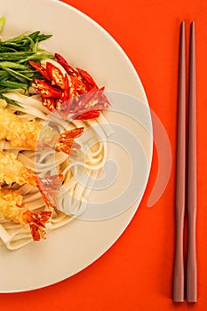 Japanese Style Tempura Prawns With Udon Noodles Chilli and Spring Onions