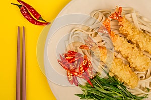 Japanese Style Tempura Prawns With Udon Noodles Chilli and Spring Onions