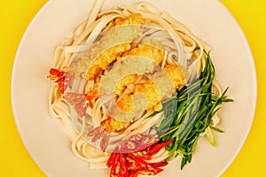 Japanese Style Tempura Prawns With Udon Noodles Chilli and Spring Onions