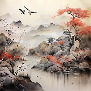 Japanese Sumi-e Landscape Painting