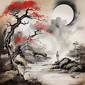 Japanese Sumi-e Landscape Painting