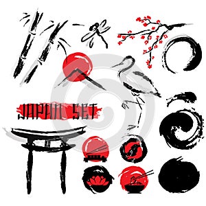 Japanese Sumie Ink Painting Icons Set