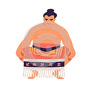 Japanese sumo wrestler in low squat stance. Japan sport. Asian fighter with hair bun wearing loincloth. Colored flat