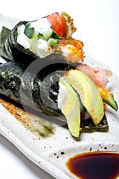 Japanese surimi crab stick and avocado temaki