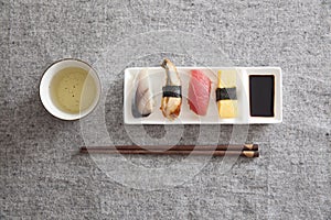 Japanese Sushi - Egg, Tuna, Eel, Swordfish, Green tea