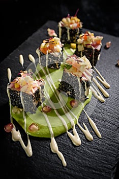 Japanese sushi food. Maki ands rolls with tuna, salmon