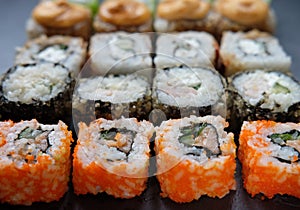 Japanese sushi food. Maki ands rolls with tuna, salmon, shrimp, crab and avocado.