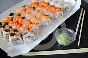 japanese sushi food. Maki ands rolls with tuna, salmon, shrimp, crab and avocado.