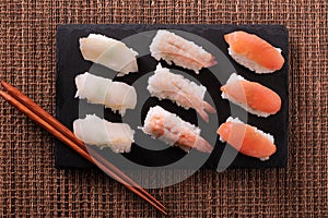 Japanese sushi food various selection flat lay chopsticks top view