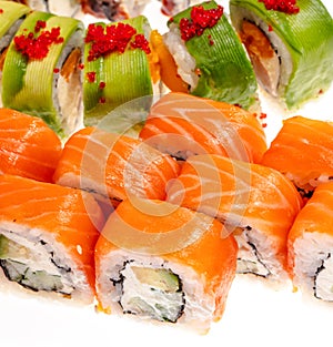 Japanese Sushi isolated on white background. Close up. Studio photo