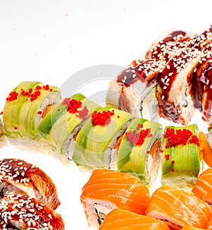 Japanese Sushi isolated on white background. Close up. Studio photo