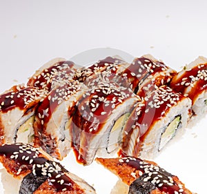 Japanese Sushi isolated on white background. Close up. Studio photo