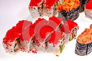 Japanese Sushi isolated on white background. Close up. Studio photo