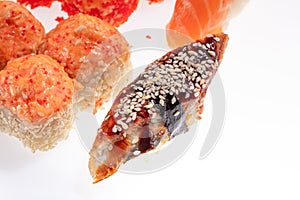 Japanese Sushi isolated on white background. Close up. Studio photo