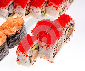 Japanese Sushi isolated on white background. Close up. Studio photo