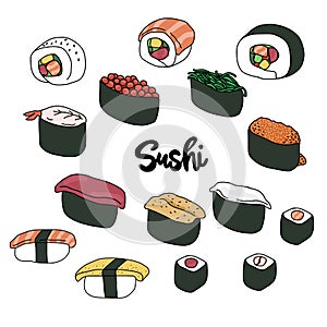 Japanese sushi line art drawing illustration
