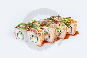 Japanese Sushi Roll with tempura shrimp, cumber, rockfish isolated on white. Menu isolation.