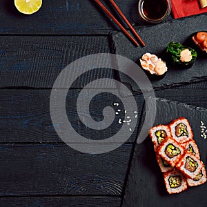 Japanese sushi rolls and gunkan sushi set