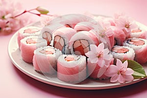 Japanese sushi rolls and sakura flowers on pink background - traditional japanese cuisine