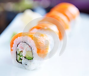 Japanese sushi rolls with salmon