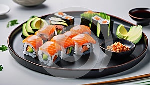 Japanese sushi with salmon and avocado.