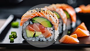 Japanese sushi with salmon and avocado.