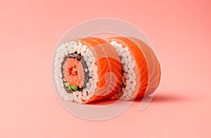 japanese sushi salmon uramaki sushi roll, with seeds ontop on pink background, food studio photography, japan cuisine. Generative