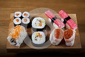 Japanese sushi seafood rolls with rice