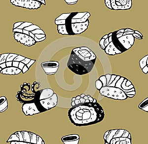 Japanese sushi. Seamless black and white pattern. On a Golden background. Vector illustration hand drawn