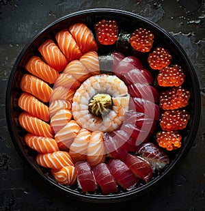 Japanese sushi set in black round plate on dark background