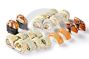 Japanese sushi set for two with salmon, eel, crab meat, tobiko