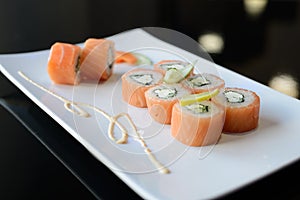 Japanese sushi on a white plate.