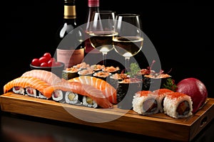 Japanese tableware with sushi rolls, chopsticks, soy sauce - visual appeal and textures