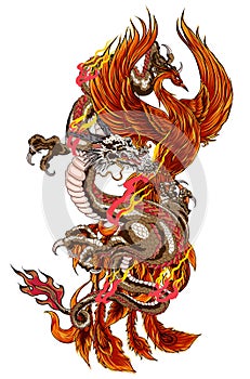 The Dragon and Phoenix fire bird with Peach juice and peony flower,cherry blossom,peach blossom on cloud background.