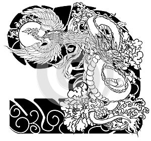 Japanese Tattoo design full back body.The Dragon and Phoenix fire bird with Peach juice and peony flower,cherry blossom,peach blos