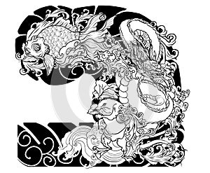 Japanese Tattoo design full back body.The Dragon and Phoenix fire bird with Peach juice and peony flower,cherry blossom,peach blos