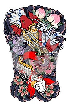 Japanese tattoo design full back body.Two koi carp fish with water splash and peony flower,cherry blossom and