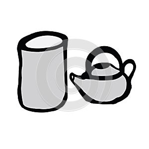 Japanese tea cup and teakettle in hand draw photo