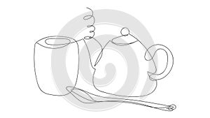 Japanese tea drinking set, teapot, cup, spoon, drawing in one line style on a white background. Vector illustration