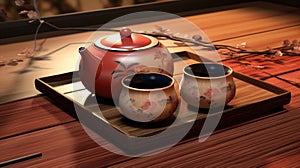 Japanese tea. Hot teapot and teacups on bamboo mat