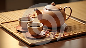 Japanese tea. Hot teapot and teacups on bamboo mat