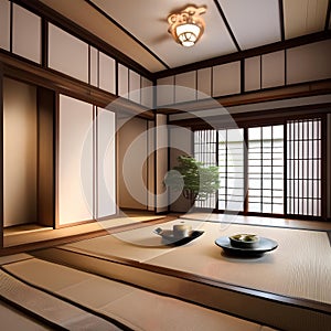 A Japanese tea room with tatami mats, sliding paper doors, and a serene Zen garden outside4