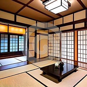 Japanese Tea Room: A tranquil tea room with tatami flooring, traditional low tables, and sliding shoji screens5, Generative AI