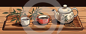 Japanese teapot on wooden table. Tea cups