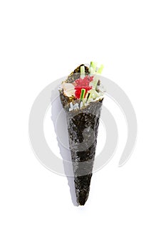 Japanese temaki sushi  with salmon, cucumber and tobiko caviar on white background. Hand roll with salmon and vegetables in