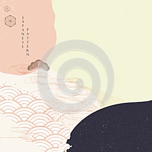Japanese template with Asian icon vector. Oriental natural landscape background. Hand drawn wave elements in vintage style. Abstra