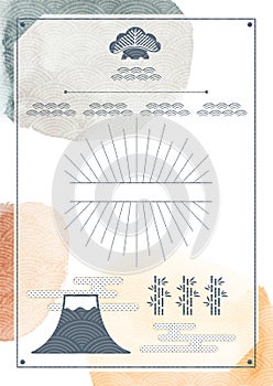 Japanese template with Fuji mountain and bamboo icon vector. Asian frame background with wave pattern